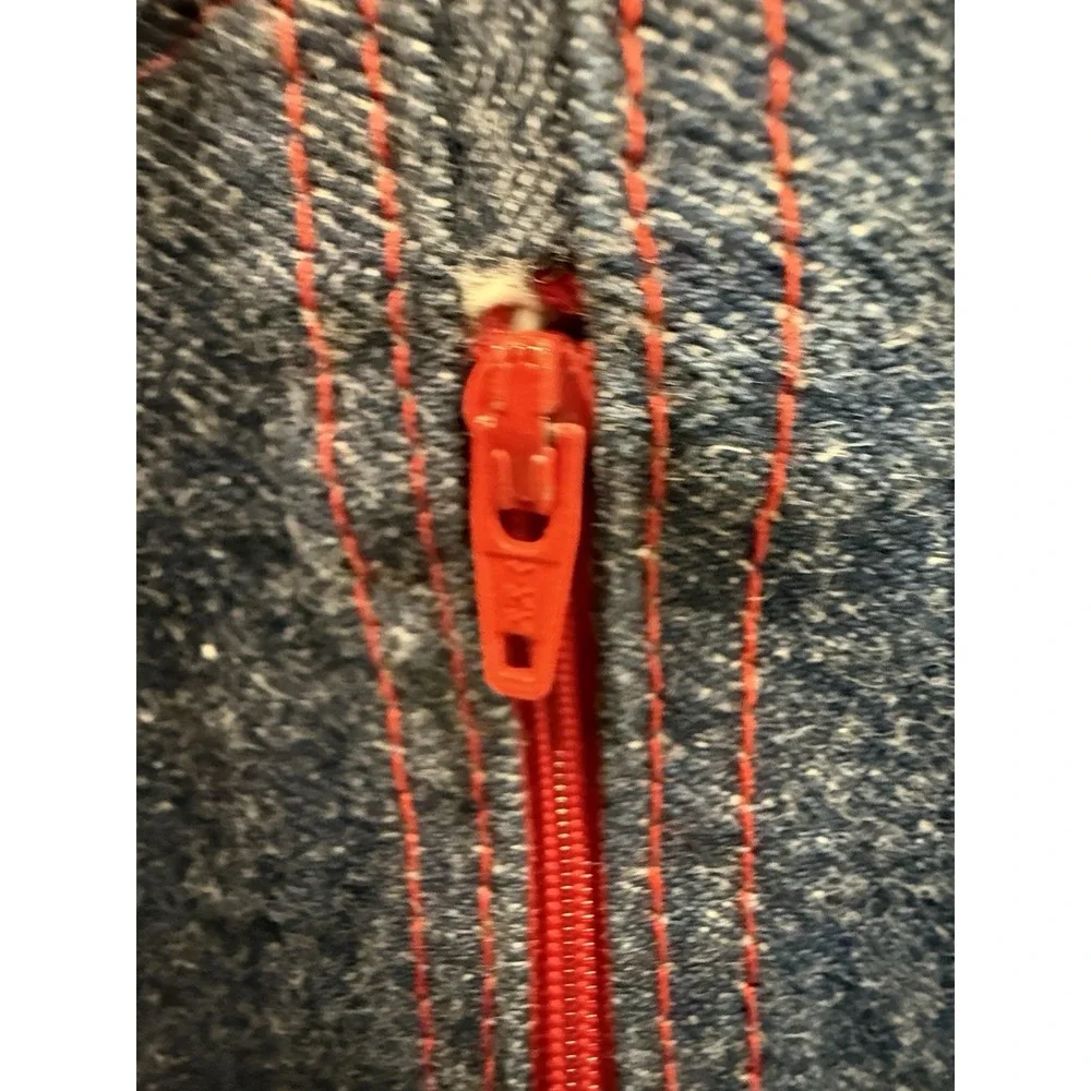 VTG 70s Denim Garment Bag Travel Suit Cover Red Zip Contrast Stitching 40x20